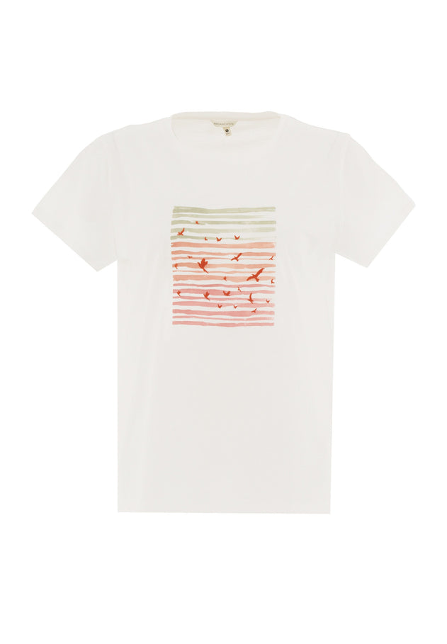 Embroidered Birds Print T-Shirt Off White