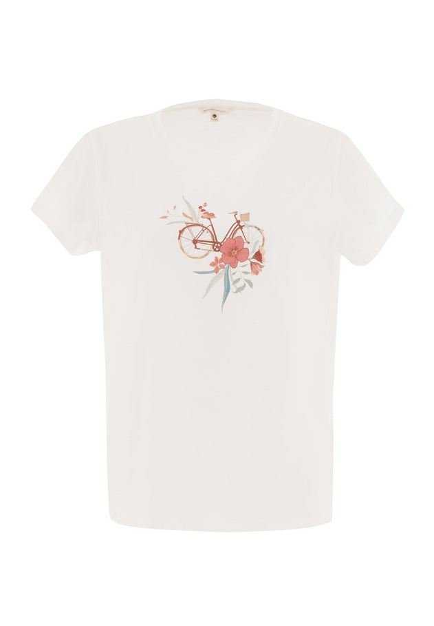 Flower Bike Print Organic Cotton T-Shirt Off White