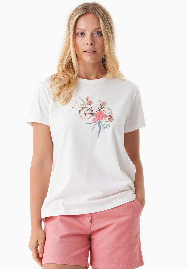 Flower Bike Print Organic Cotton T-Shirt Off White