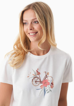 Flower Bike Print Organic Cotton T-Shirt Off White