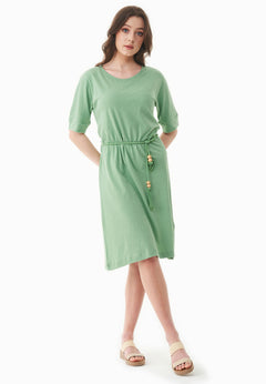 Belted Linen Blend Jersey Dress Matcha Green
