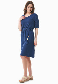 Belted Linen Blend Jersey Dress Navy