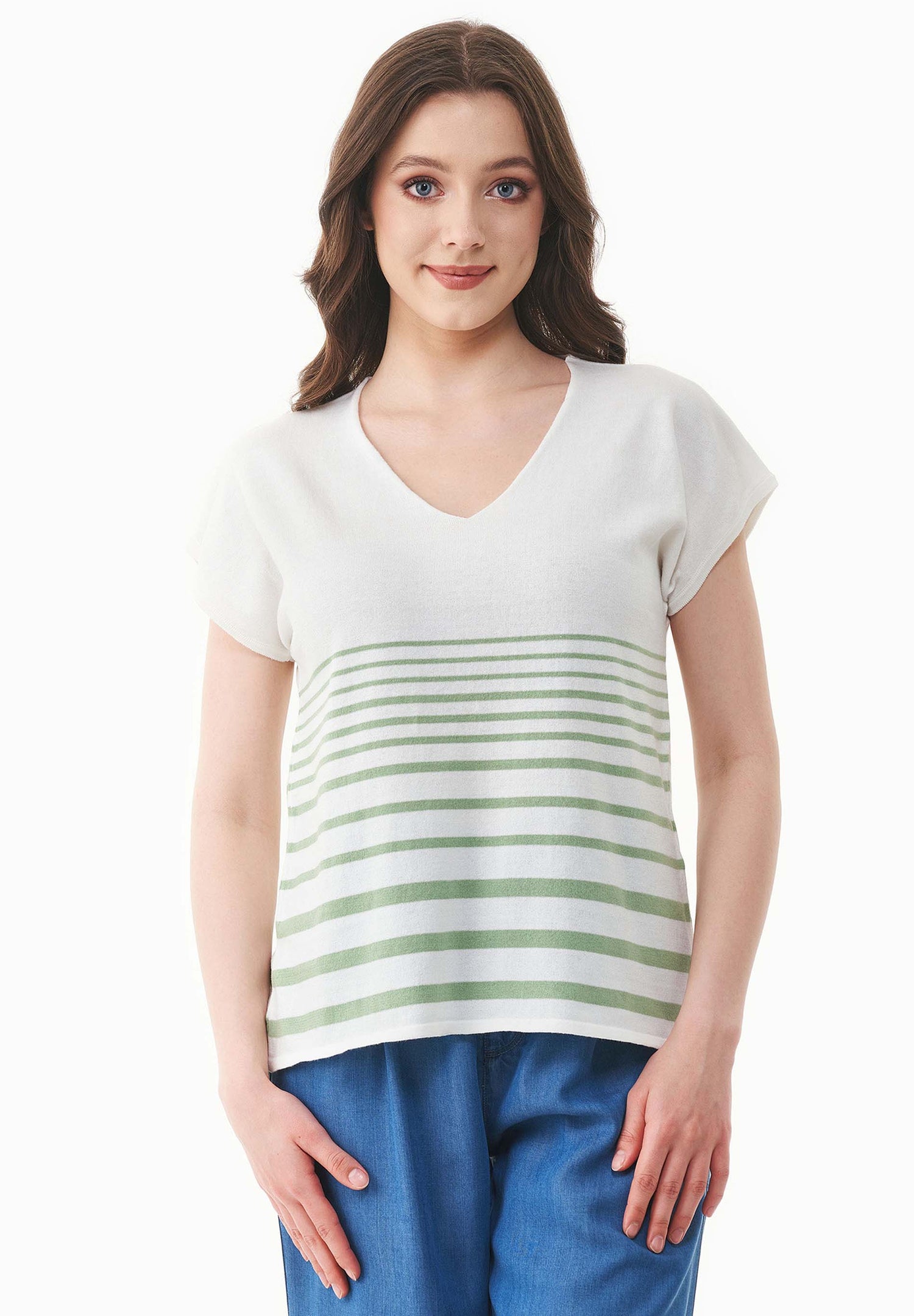 Women's Striped Knit T-Shirt Off White/Matcha Green