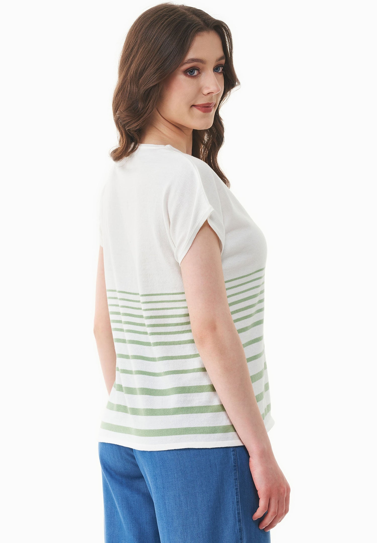 Women's Striped Knit T-Shirt Off White/Matcha Green