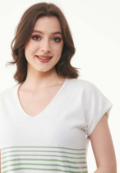 Women's Striped Knit T-Shirt Off White/Matcha Green