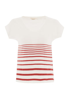 Women's Striped Knit T-Shirt Off White/Radiant Red