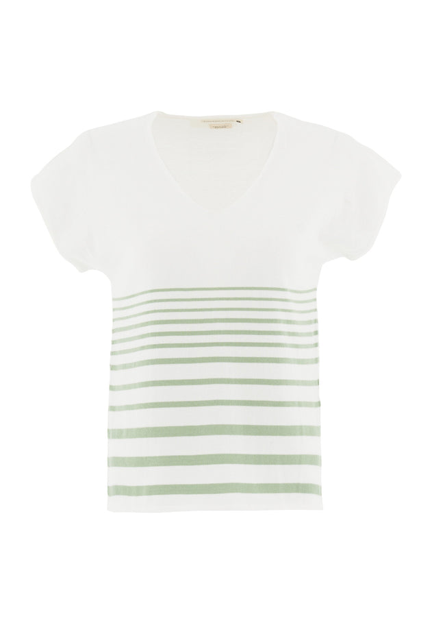 Women's Striped Knit T-Shirt Off White/Matcha Green