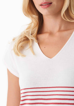 Women's Striped Knit T-Shirt Off White/Radiant Red