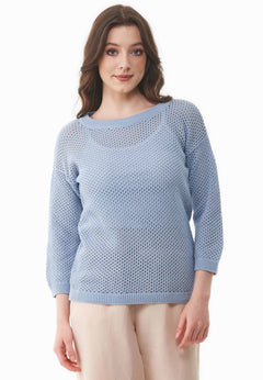 3/4 Sleeve Open Knit Sweater Ice Blue