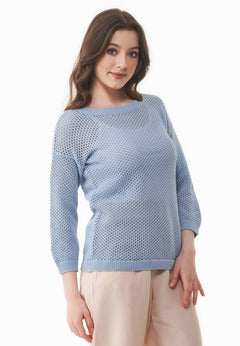 3/4 Sleeve Open Knit Sweater Ice Blue