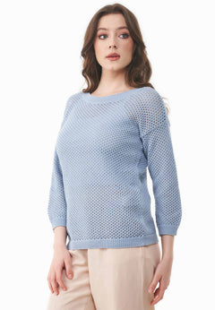 3/4 Sleeve Open Knit Sweater Ice Blue