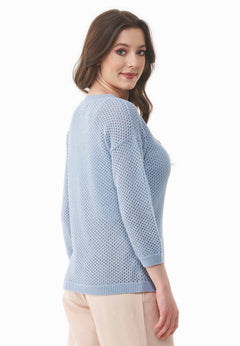 3/4 Sleeve Open Knit Sweater Ice Blue