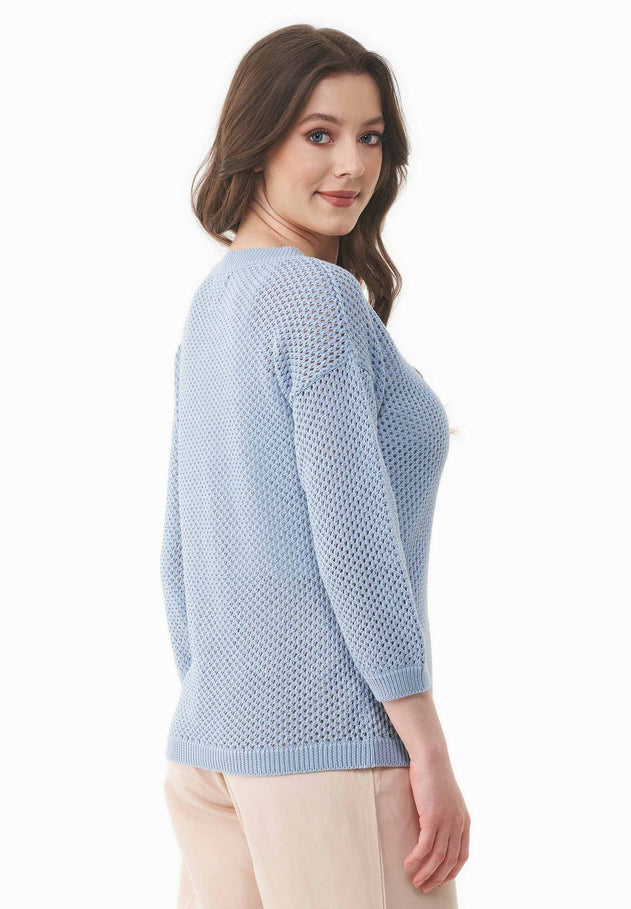3/4 Sleeve Open Knit Sweater Ice Blue