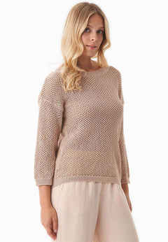 3/4 Sleeve Open Knit Sweater Soft Beige