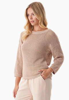 3/4 Sleeve Open Knit Sweater Soft Beige