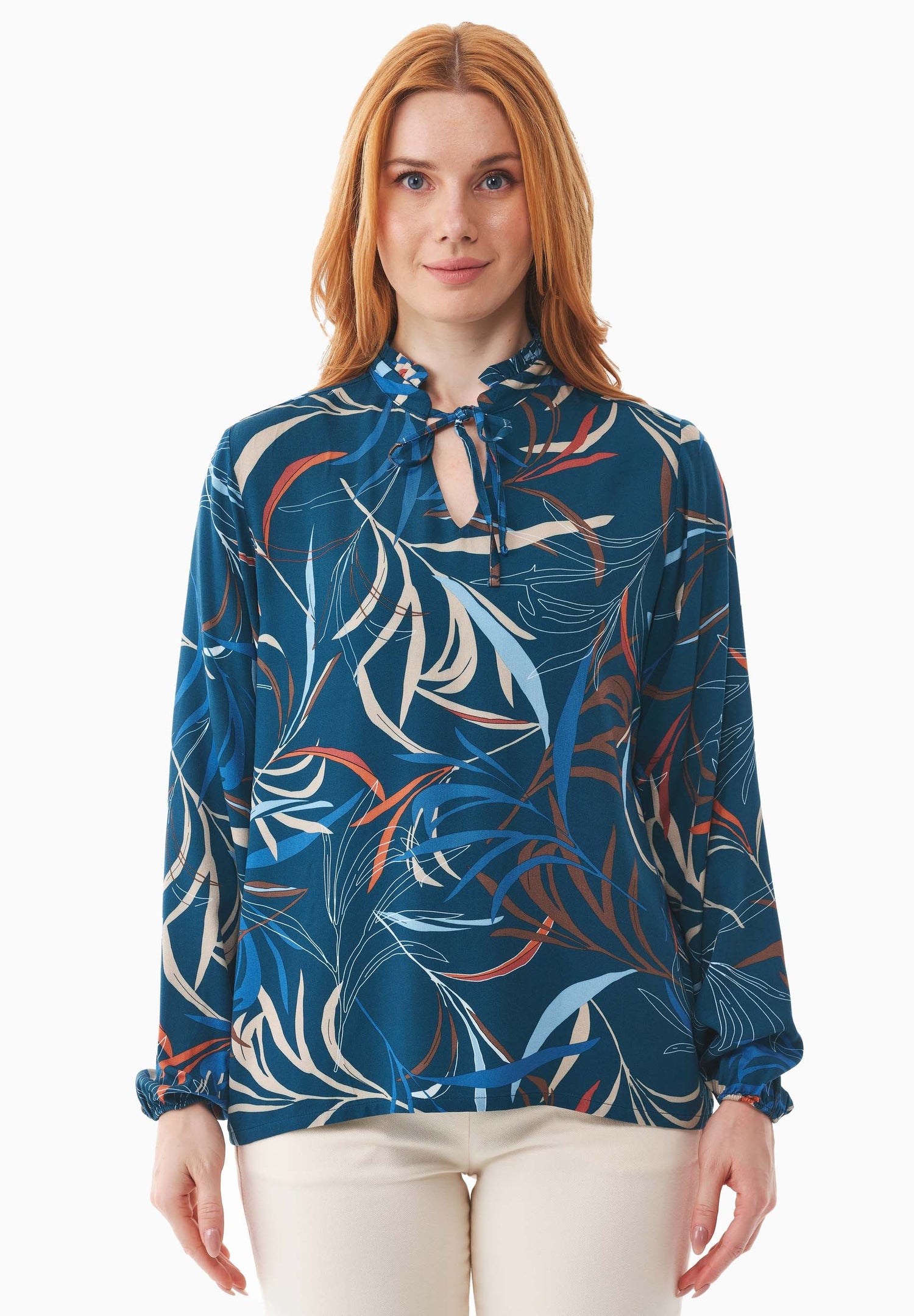 Women's Ruffle Collar Viscose Blouse Winter Leaves
