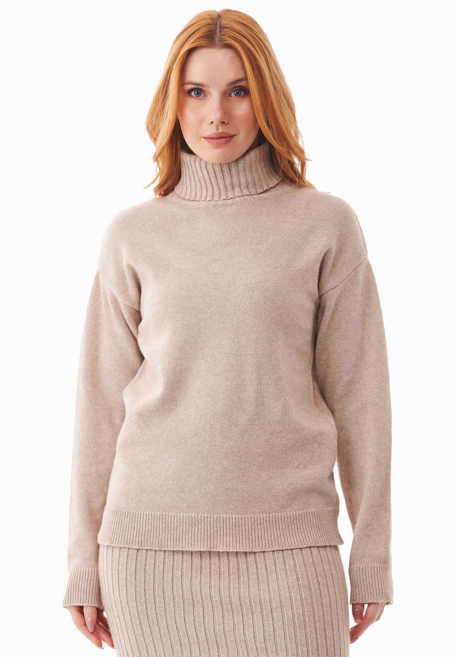 Wool Blend Turtleneck Knit Beige Melange