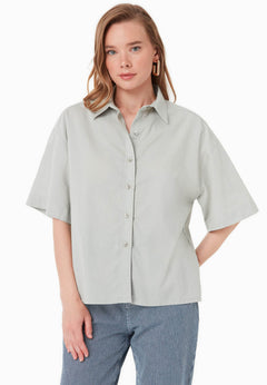 Short Sleeved Linen Blend Button-Up Green Moss