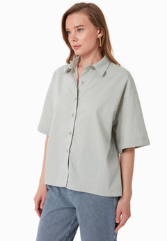 Short Sleeved Linen Blend Button-Up Green Moss