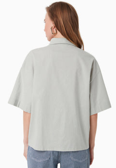 Short Sleeved Linen Blend Button-Up Green Moss