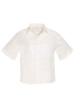 Short Sleeved Linen Blend Button-Up Off-White