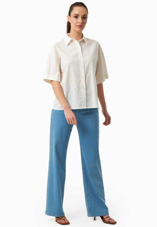 Short Sleeved Linen Blend Button-Up Off-White