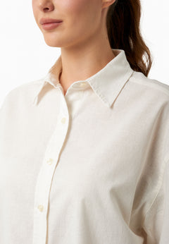 Short Sleeved Linen Blend Button-Up Off-White