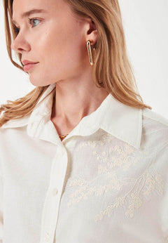 Embroidered Linen Blend Button-Up Off White