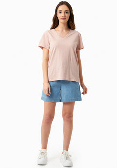 Linen Blend V-Neck T-Shirt Pastel Pink