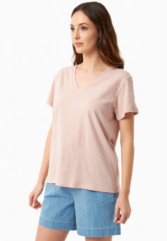 Linen Blend V-Neck T-Shirt Pastel Pink