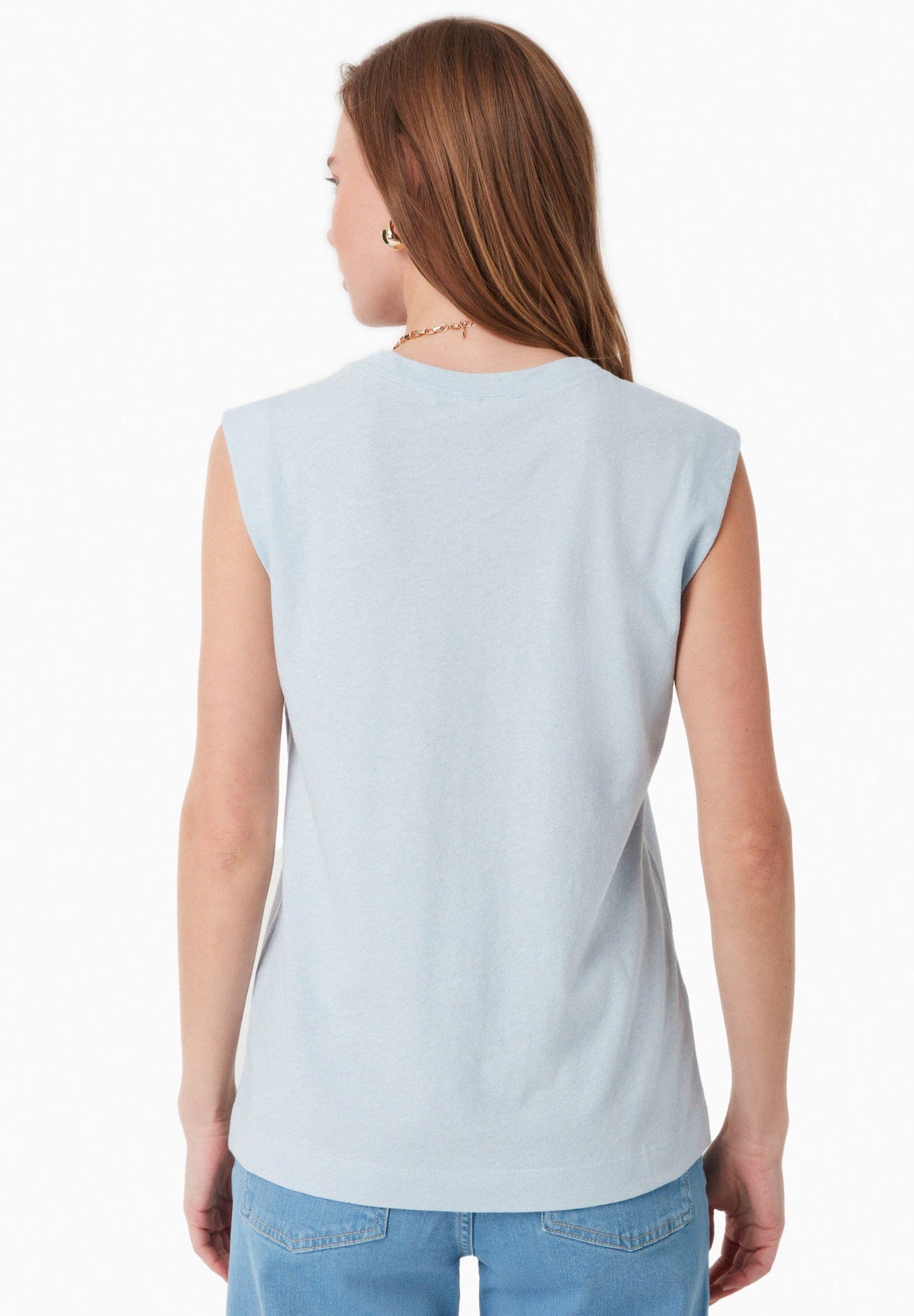 Linen Blend Sleeveless Tee Niagara Blue