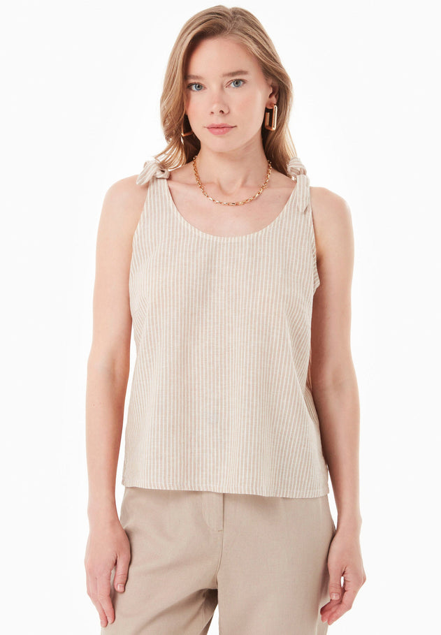 Striped Linen Blend Tie Strap Top Beige/Off White