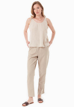 Striped Linen Blend Tie Strap Top Beige/Off White