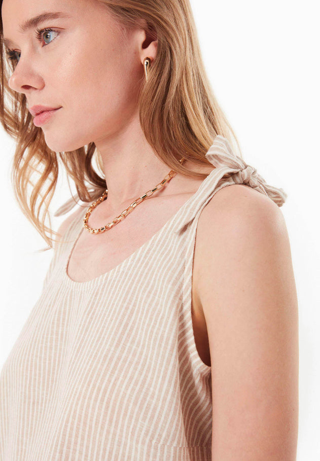 Striped Linen Blend Tie Strap Top Beige/Off White