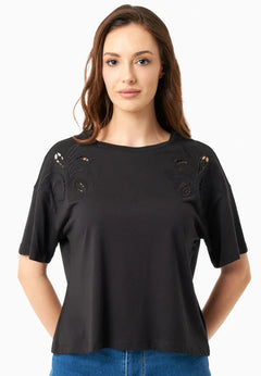 Laser-Cut Embroidery T-Shirt Black