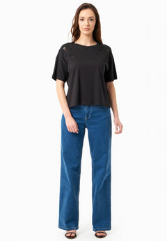 Laser-Cut Embroidery T-Shirt Black