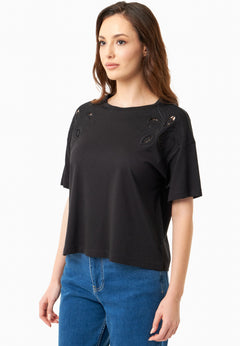 Laser-Cut Embroidery T-Shirt Black