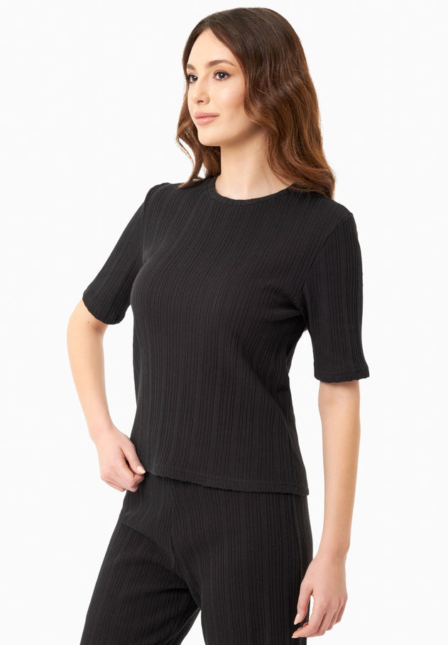 Jacquard Rib Short Sleeved Top Black