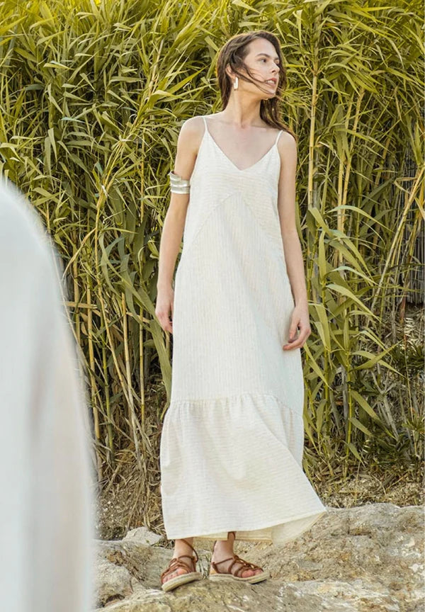 Striped Long V-Neck Summer Dress Natural/Off White