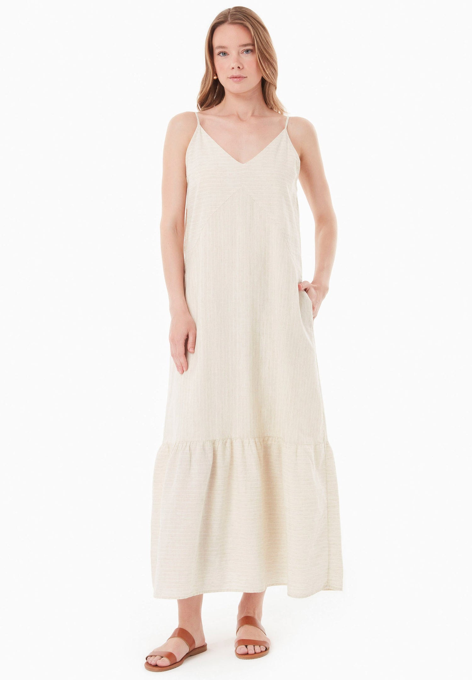 Striped Long V-Neck Summer Dress Natural/Off White