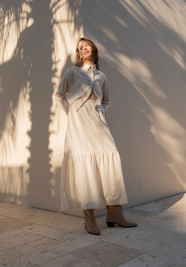 Striped Long Tiered Skirt Natural/Off White