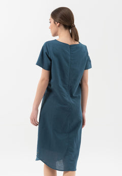 Linen Blend Boat Neck Dress Navy
