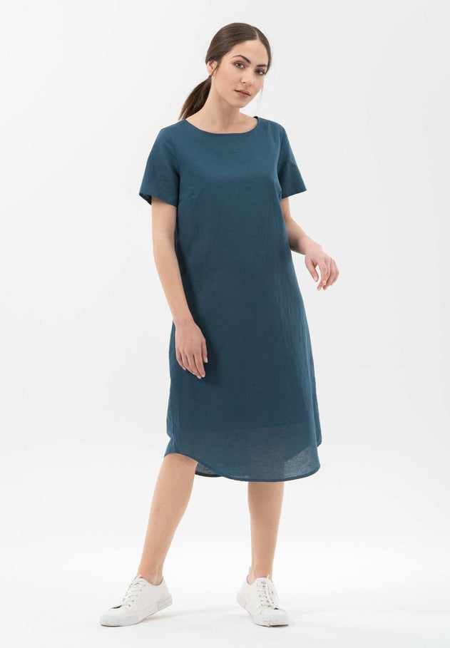 Linen Blend Boat Neck Dress Navy