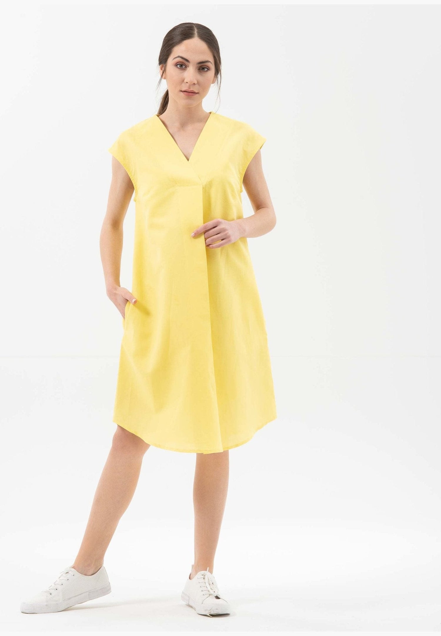 Linen Blend Short Sleeve V-Neck Dress Lemonade