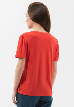 Lyocell Blend T-Shirt With Gathered Sleeves Red