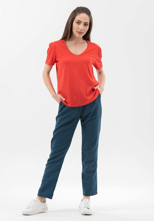Lyocell Blend T-Shirt With Gathered Sleeves Red