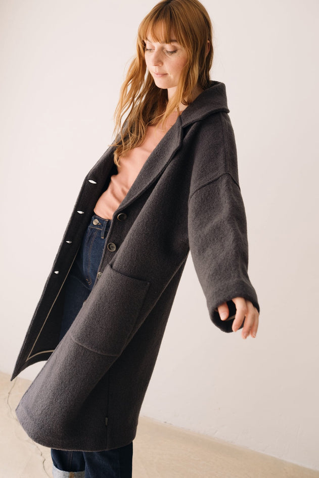 100% RWS Merino Wool Long Coat in Black