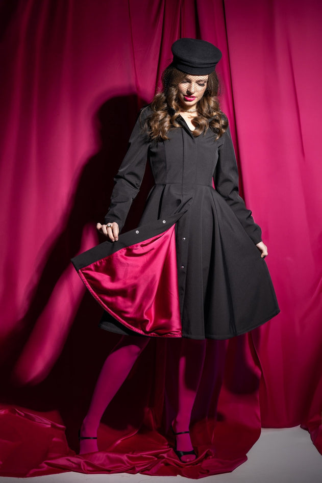 Fit and Flare Raincoat with Full Circle Hem Black / Pink Ruby