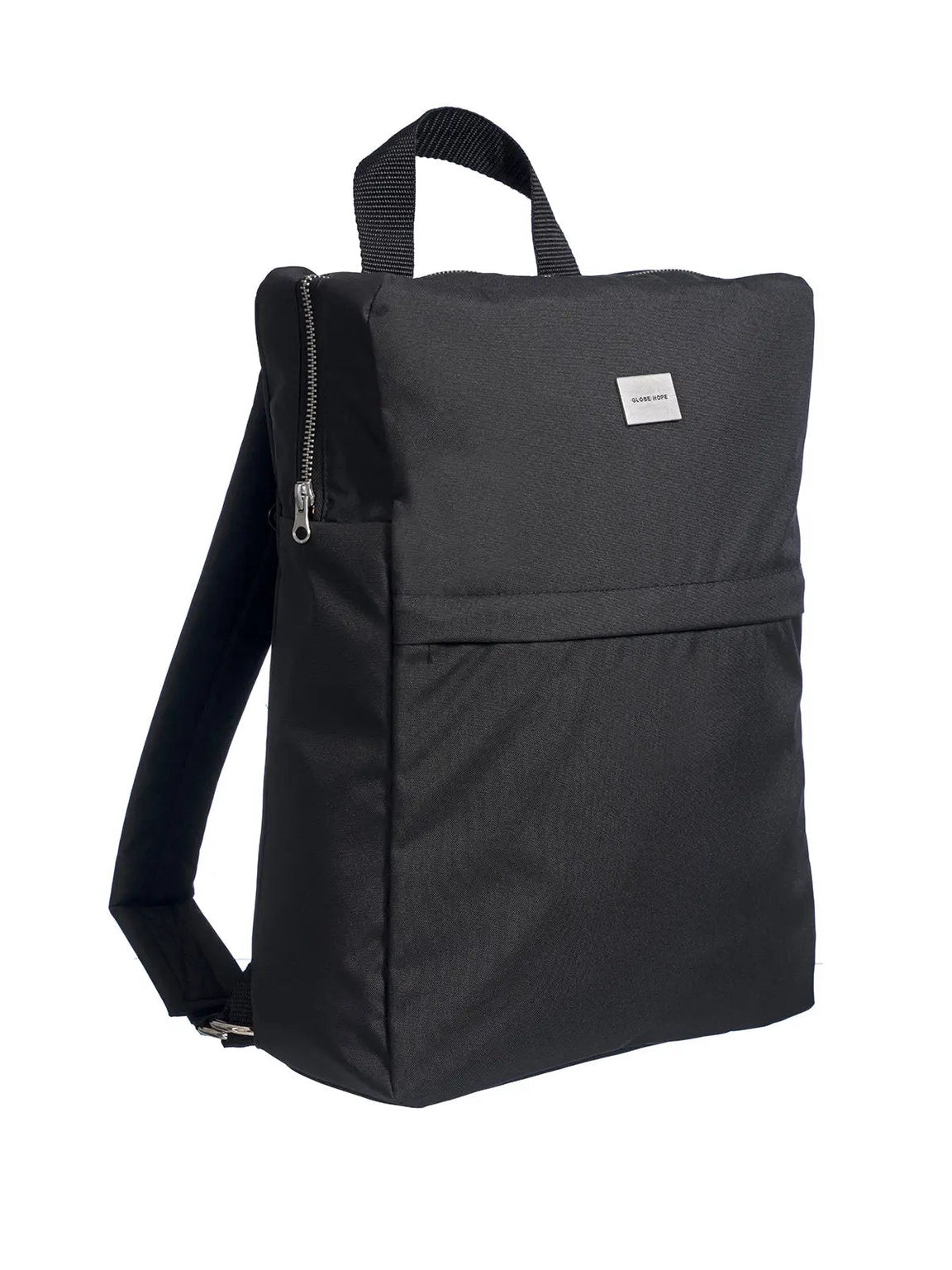 Black backpack with a visible brand logo on a white background