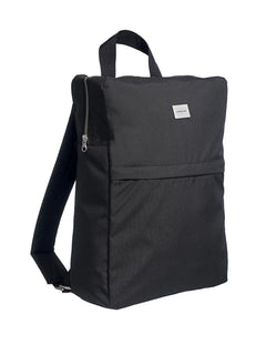 Black backpack with a visible brand logo on a white background